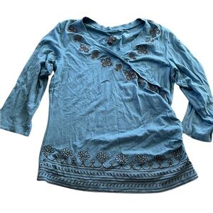 Acacia Womens Bamboo Blue Brown Embroidered Top 3/4 Sleeves Size Small V-Neck